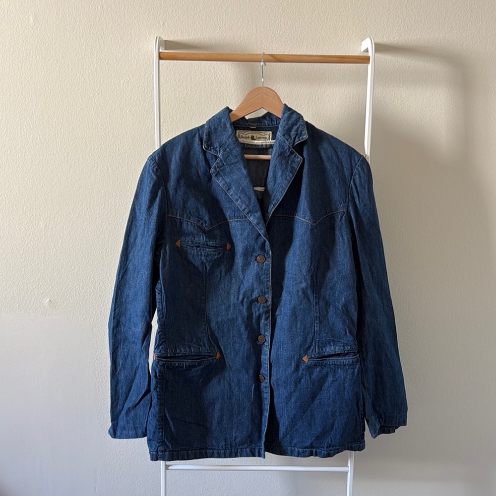 Vintage Ralph Lauren Western Wear Denim Blazer Leather Accents Size 14 Fits M/L